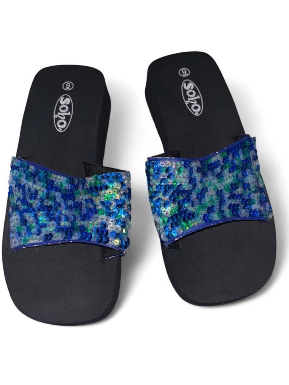 Vintage 90s Y2K Soho blue and green sequin slides size 9